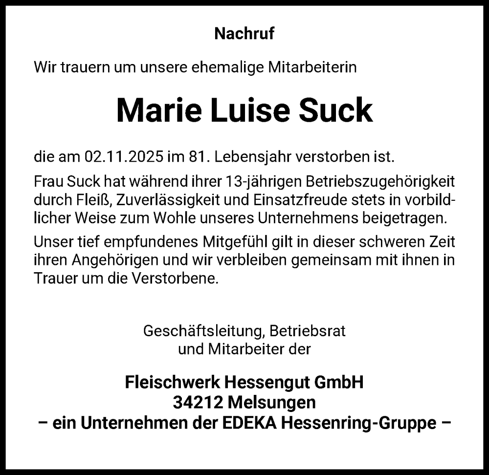  Traueranzeige für Marie Luise Suck vom 22.11.2025 aus HNA