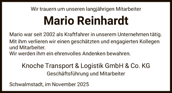 Traueranzeige von Mario Reinhardt von HNA