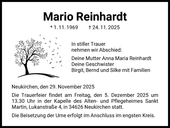 Traueranzeige von Mario Reinhardt von HNA