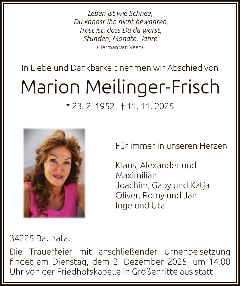  Traueranzeige für Marion Meilinger-Frisch vom 22.11.2025 aus HNA