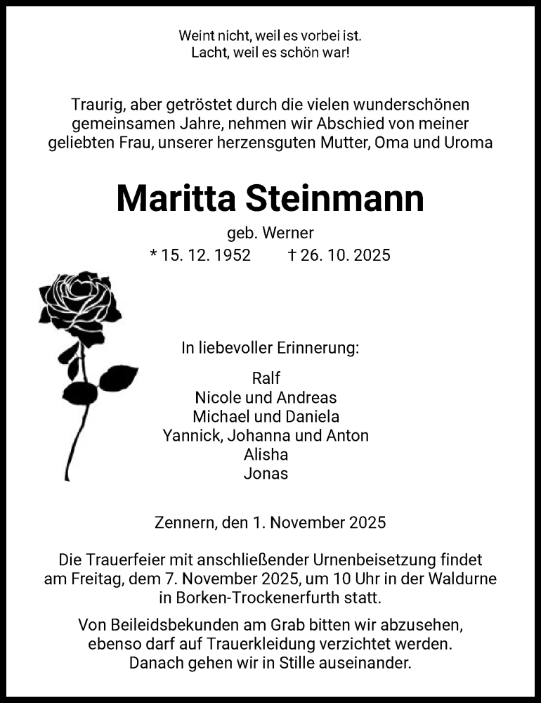  Traueranzeige für Maritta Steinmann vom 01.11.2025 aus HNA