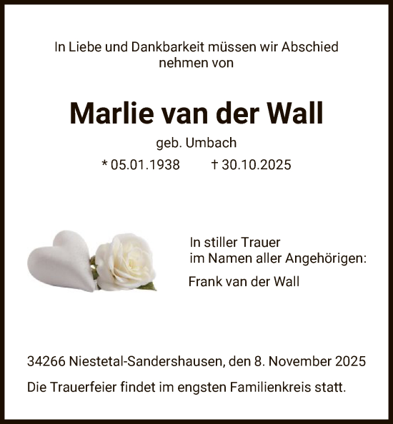 Traueranzeige von Marlie van der Wall von HNA