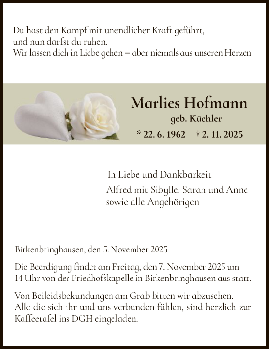 Traueranzeige von Marlies Hofmann von HNA