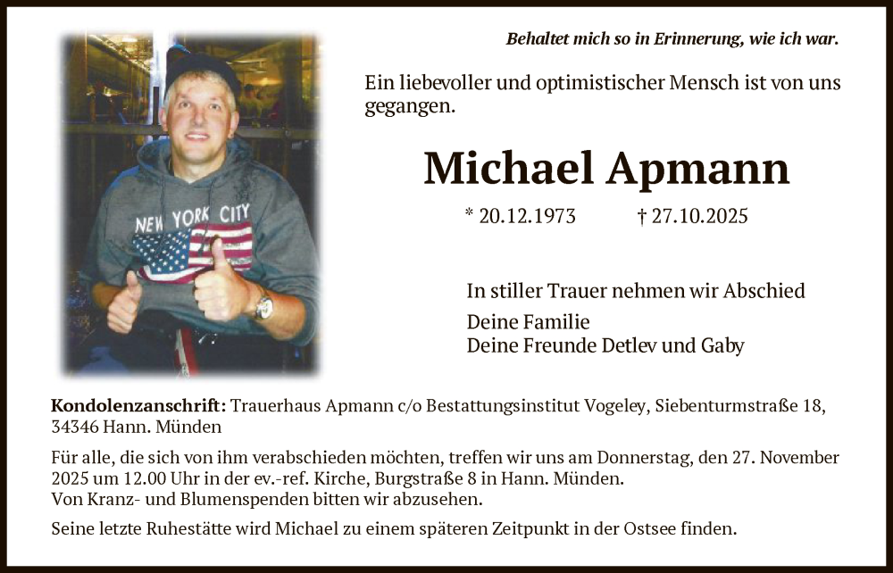  Traueranzeige für Michael Apmann vom 22.11.2025 aus HNA