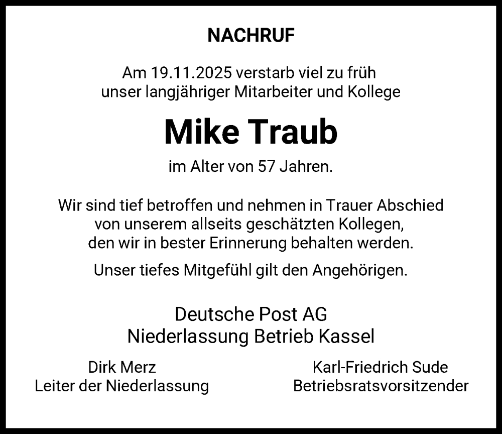  Traueranzeige für Mike Traub vom 29.11.2025 aus HNA