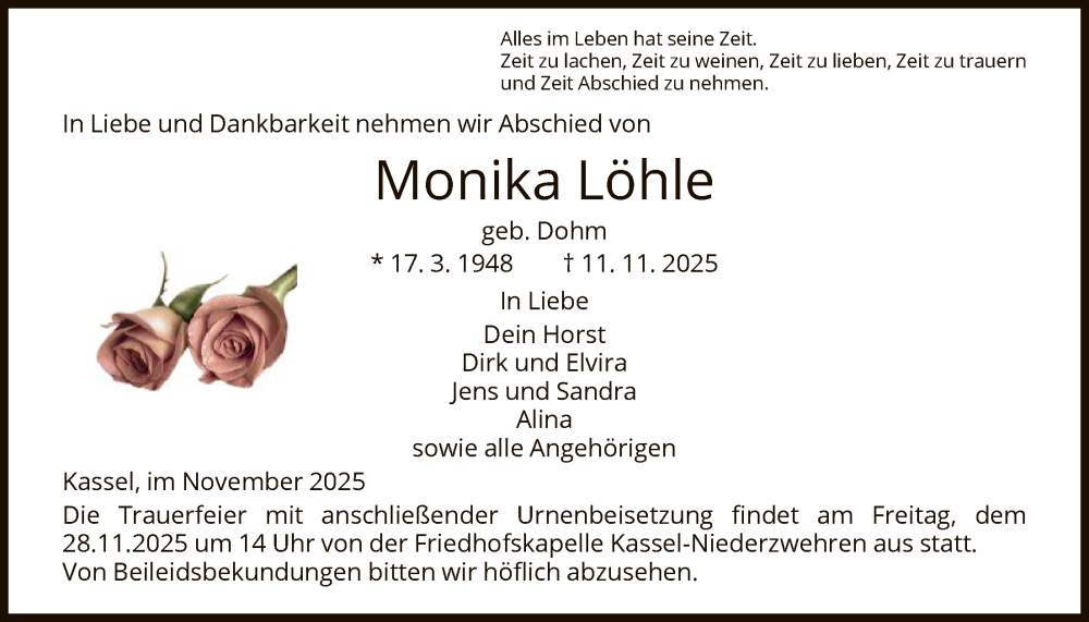  Traueranzeige für Monika Löhle vom 22.11.2025 aus HNA