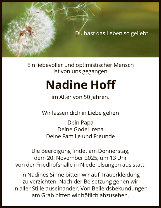 Traueranzeige von Nadine Hoff von HNA
