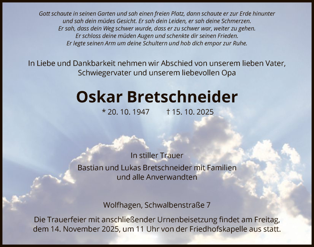  Traueranzeige für Oskar Bretschneider vom 08.11.2025 aus HNA