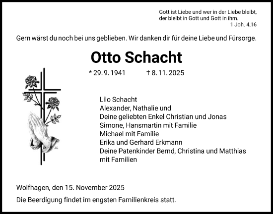 Traueranzeige von Otto Schacht von HNA