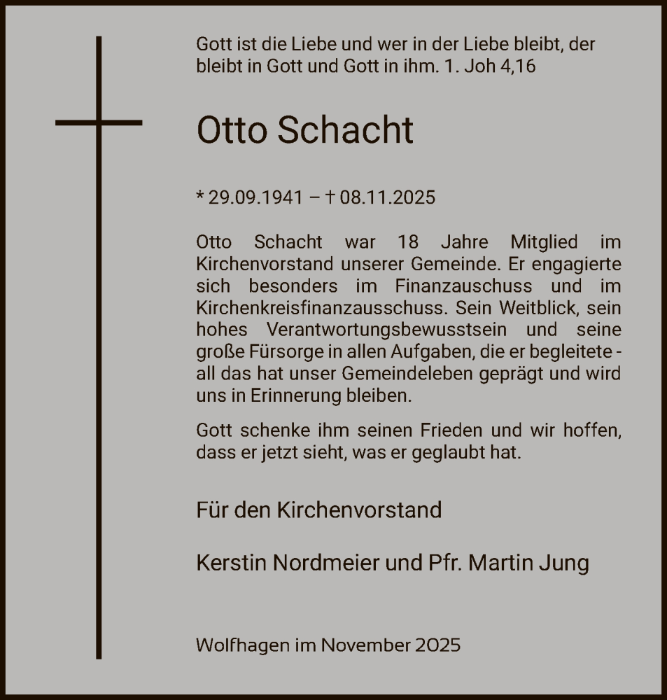  Traueranzeige für Otto Schacht vom 22.11.2025 aus HNA