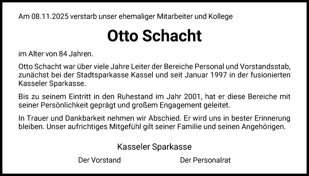  Traueranzeige für Otto Schacht vom 15.11.2025 aus HNAHNA