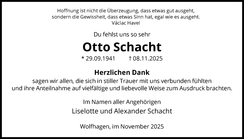  Traueranzeige für Otto Schacht vom 29.11.2025 aus HNA