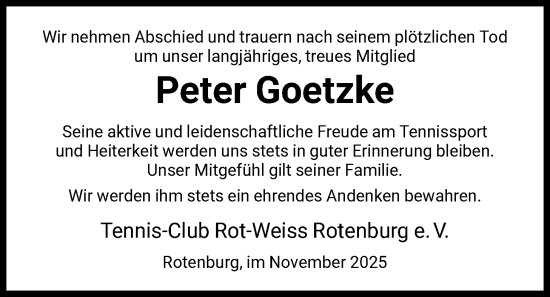 Traueranzeige von Peter Goetzke von HNA