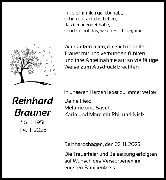Traueranzeige von Reinhard Brauner von HNAHNA