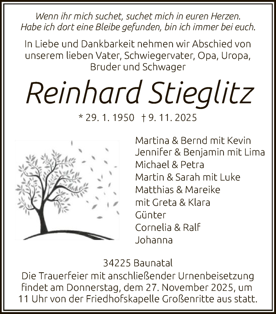  Traueranzeige für Reinhard Stieglitz vom 22.11.2025 aus HNA