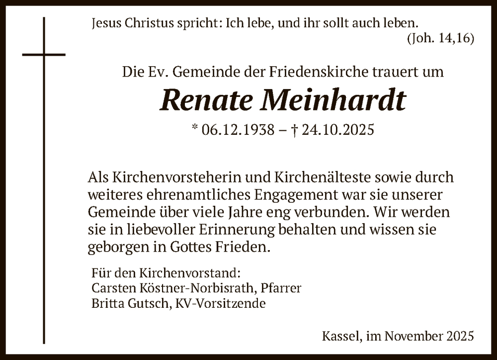  Traueranzeige für Renate Meinhardt vom 22.11.2025 aus HNA