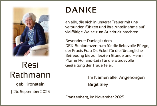 Traueranzeige von Resi Rathmann von HNA