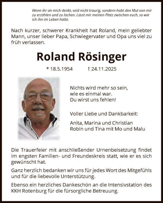 Traueranzeige von Roland Rösinger von HNA