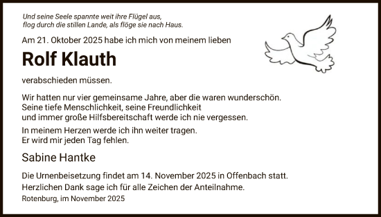 Traueranzeige von Rolf Klauth von HNA