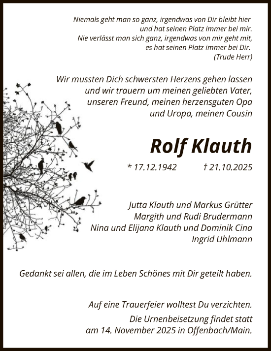 Traueranzeige von Rolf Klauth von HNA