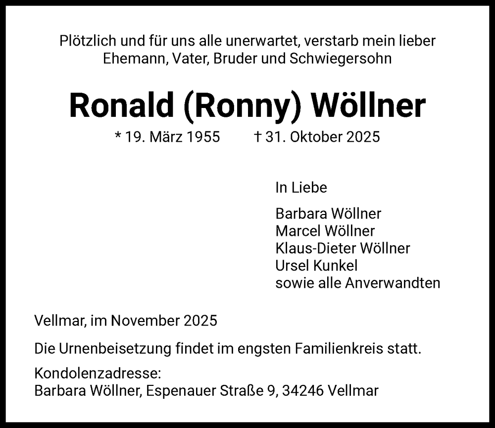  Traueranzeige für Ronald Wöllner vom 15.11.2025 aus HNA