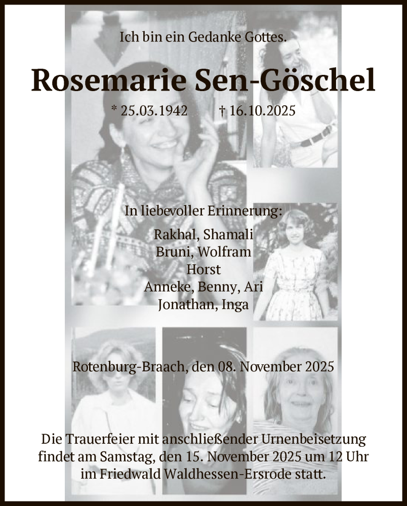  Traueranzeige für Rosemarie Sen-Göschel vom 08.11.2025 aus HNAHZ