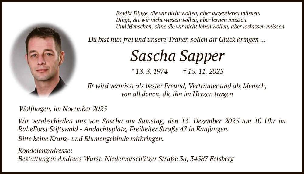 Traueranzeige für Sascha Sapper vom 29.11.2025 aus HNAHNA