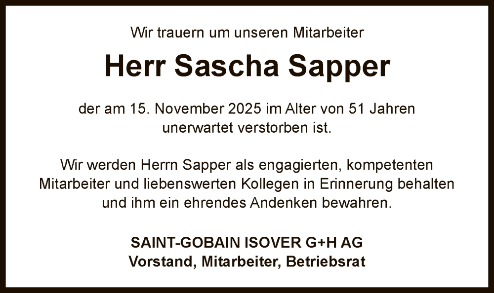  Traueranzeige für Sascha Sapper vom 29.11.2025 aus HNAHNA