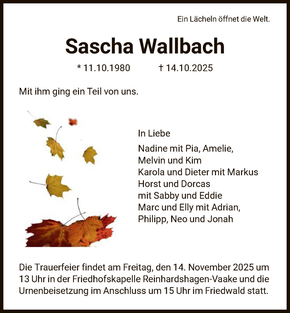  Traueranzeige für Sascha Wallbach vom 08.11.2025 aus HNA