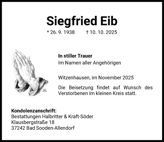 Traueranzeige von Siegfried Eib von HNA