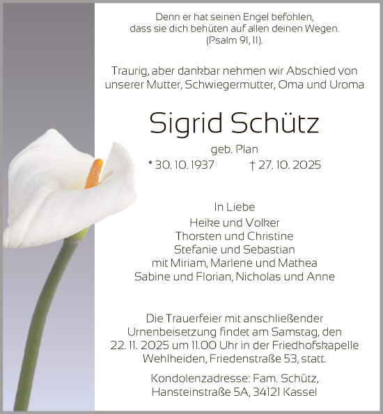 Traueranzeige von Sigrid Schütz von HNA