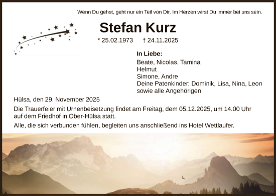 Traueranzeige von Stefan Kurz von HNA
