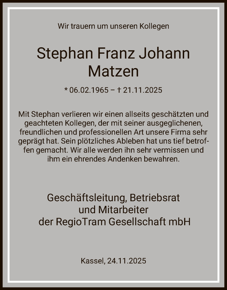  Traueranzeige für Stephan Franz Johann Matzen vom 29.11.2025 aus HNA
