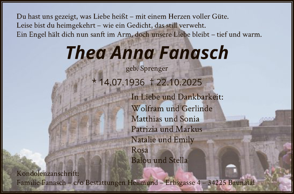  Traueranzeige für Thea Anna Fanasch vom 01.11.2025 aus HNA