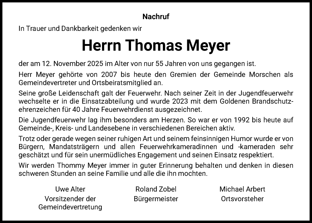  Traueranzeige für Thomas Meyer vom 22.11.2025 aus HNA