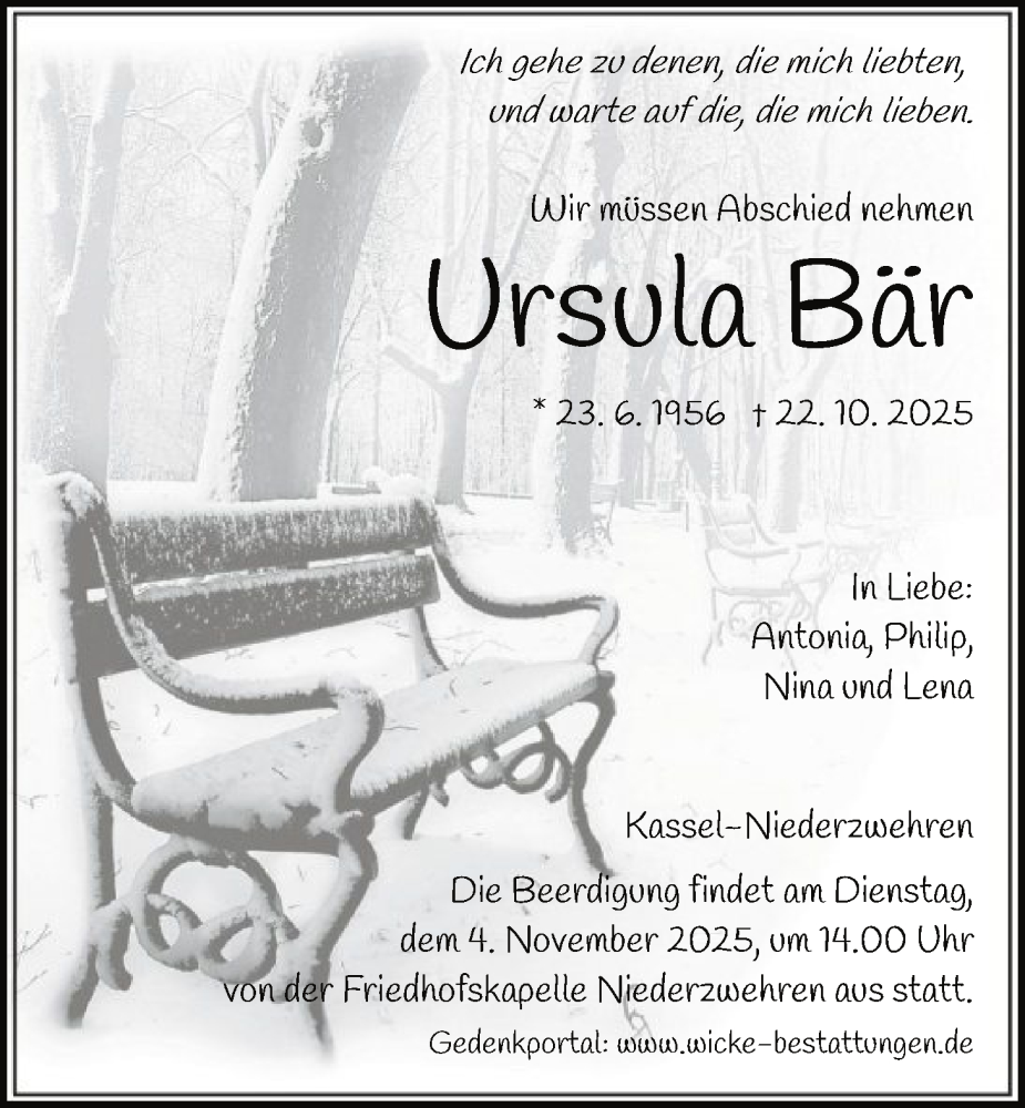  Traueranzeige für Ursula Bär vom 01.11.2025 aus HNA