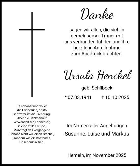 Traueranzeige von Ursula Henckel von HNA