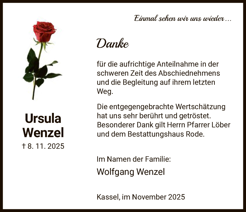  Traueranzeige für Ursula Wenzel vom 25.11.2025 aus HNA