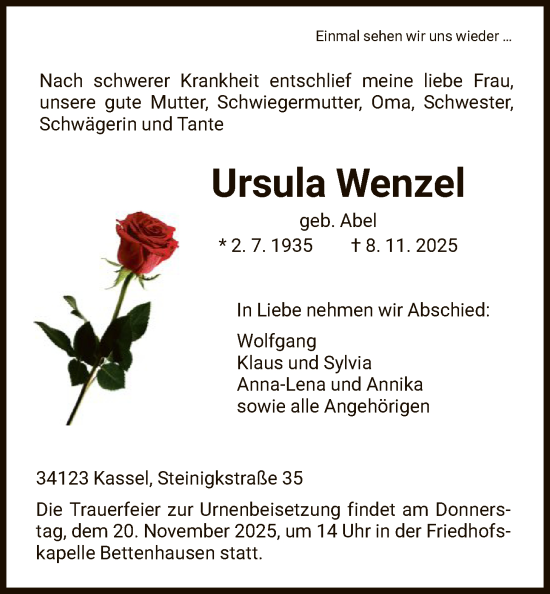 Traueranzeige von Ursula Wenzel von HNA