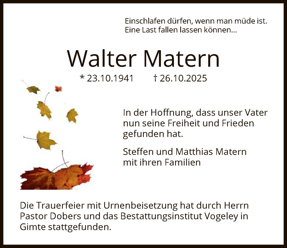  Traueranzeige für Walter Matern vom 29.11.2025 aus HNA