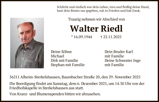Traueranzeige von Walter Riedl von HNA
