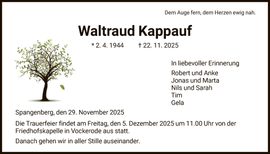 Traueranzeige von Waltraud Kappauf von HNA