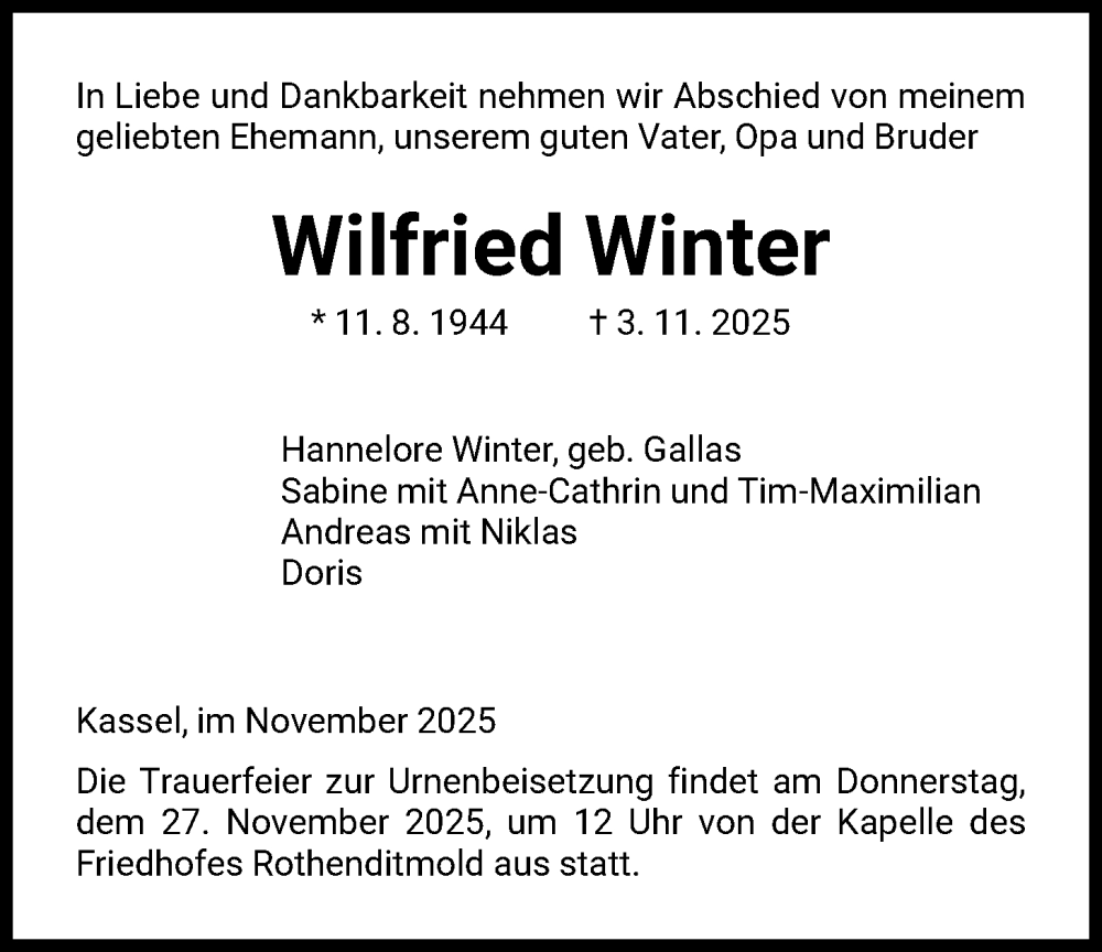  Traueranzeige für Wilfried Winter vom 22.11.2025 aus HNA