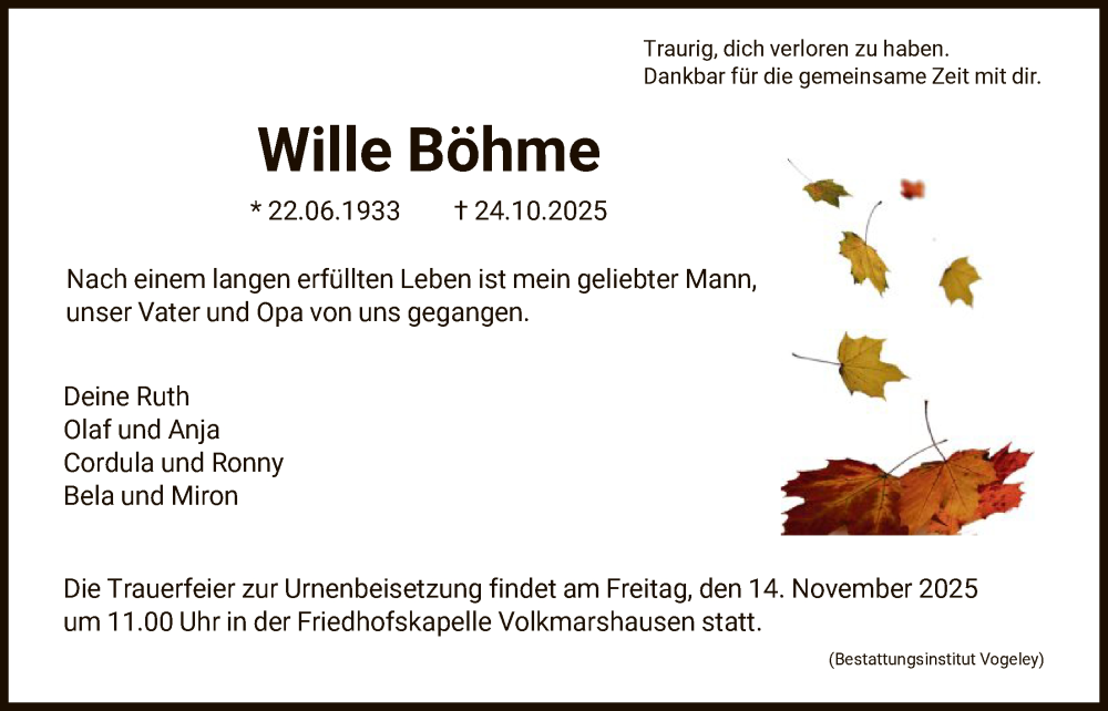  Traueranzeige für Wille Böhme vom 01.11.2025 aus HNA