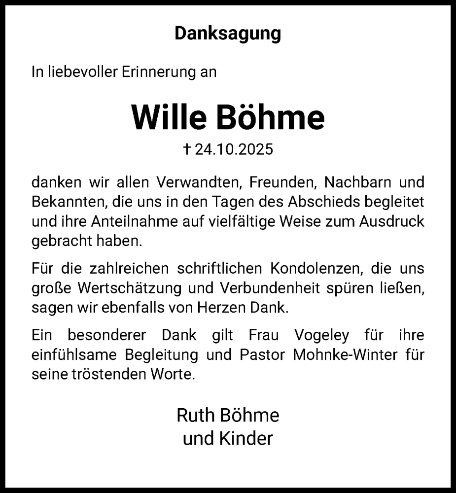  Traueranzeige für Wille Böhme vom 29.11.2025 aus HNA