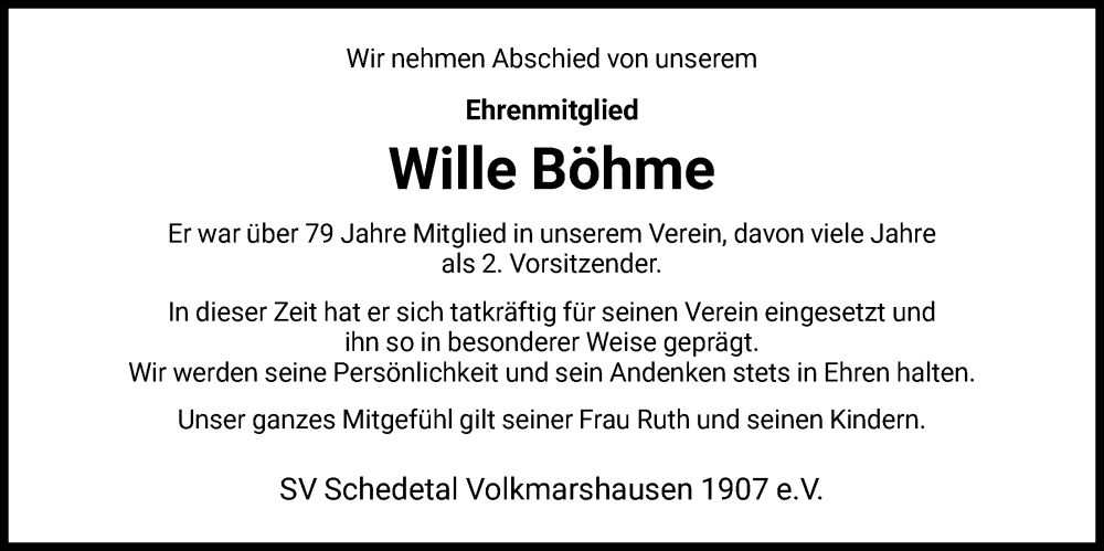  Traueranzeige für Wille Böhme vom 08.11.2025 aus HNA