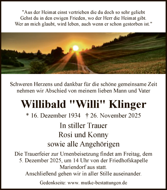 Traueranzeige von Willibald Klinger von HNA