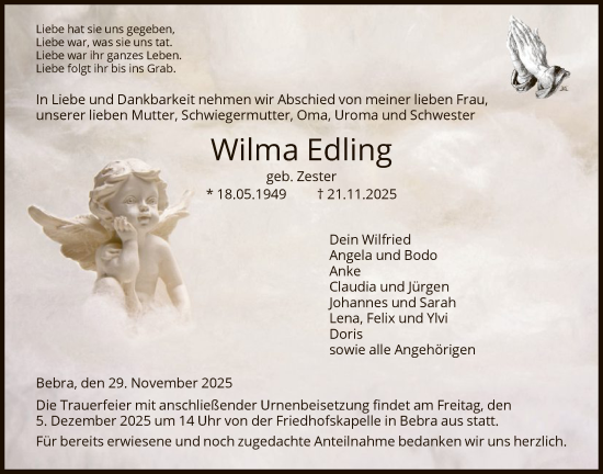 Traueranzeige von Wilma Edling von HNAHN