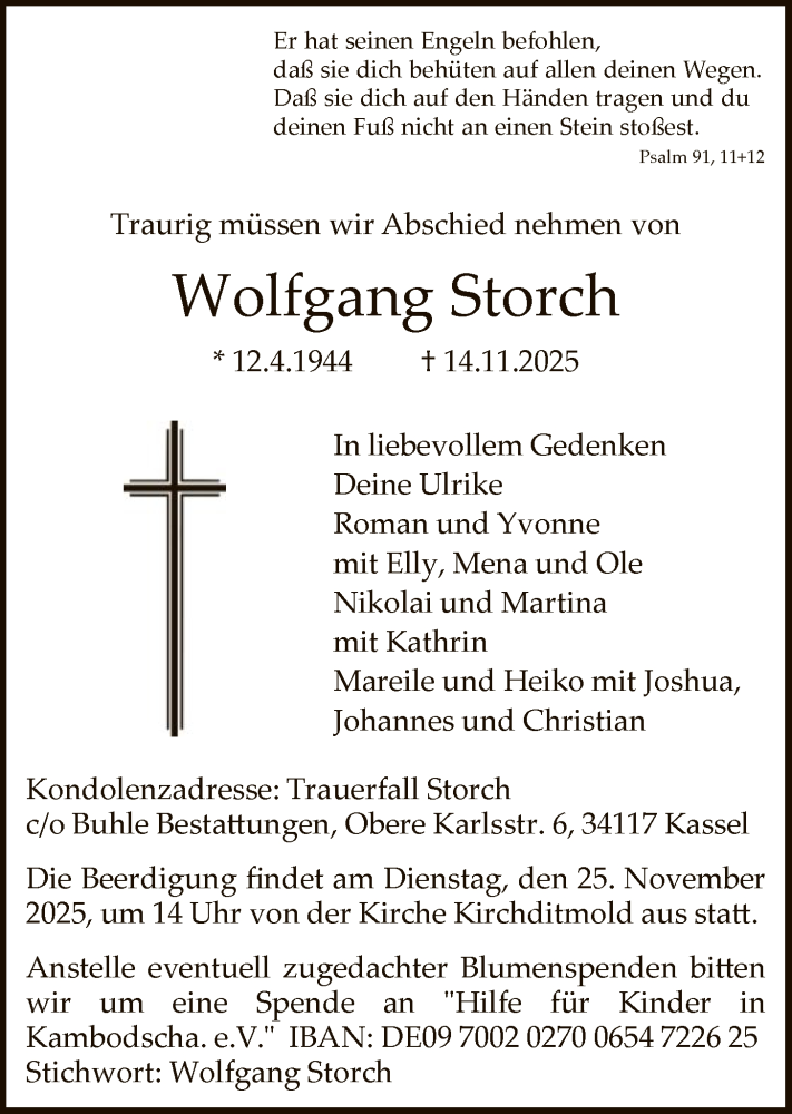  Traueranzeige für Wolfgang Storch vom 20.11.2025 aus HNA