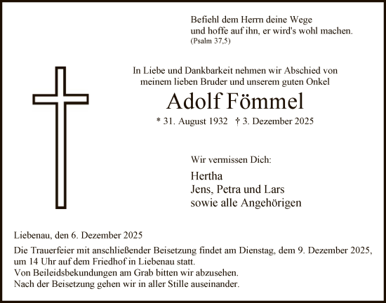 Traueranzeige von Adolf Fömmel von HNA